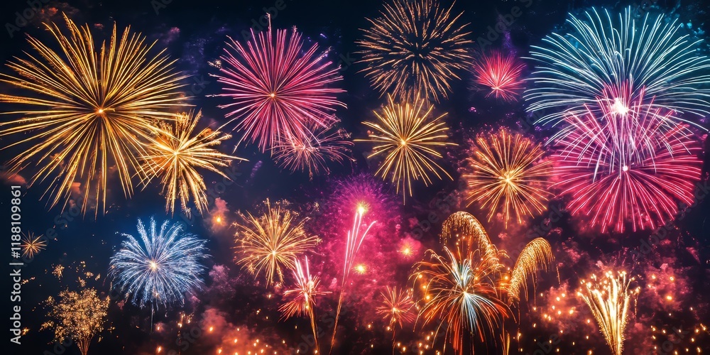 Poster dazzling fireworks illuminate the night sky, creating a stunning display of colors and patterns in a