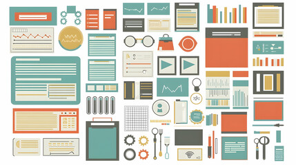 Flat design infographic elements on white background, depicting data analysis and project management tools for website or presentation