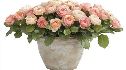 A beautiful bunch of pastel-colored roses with a light green leaf background, arranged in a rustic vase.