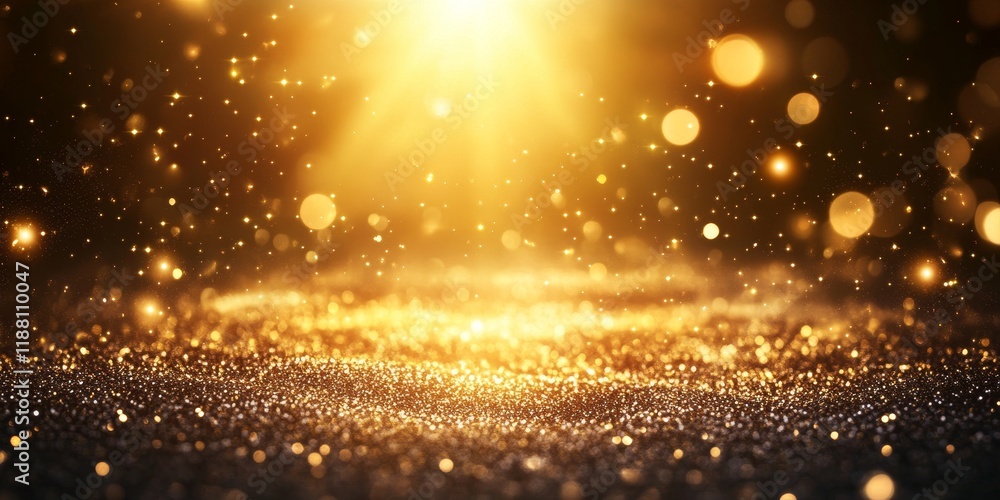 Poster An abstract design features sparkling sunstar bokeh lights against a shimmering golden gradient backdrop. Blurred, glittering particles create a celebratory card layout with space for text above.