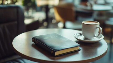 Book and coffee on cafe table.