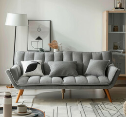 A gray fabric sofa bed with wooden legs, featuring an elegant design and comfortable seating experience