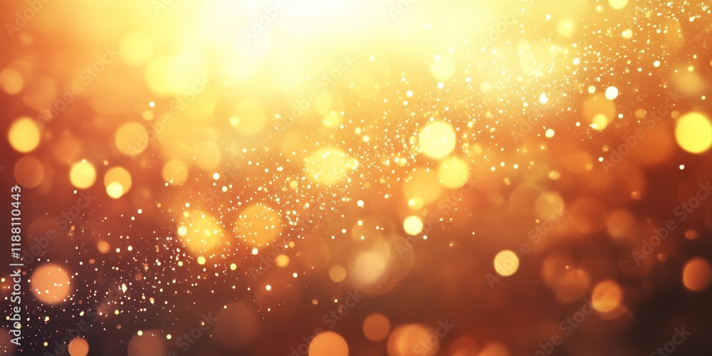 Poster An abstract design features sparkling sunstar bokeh lights against a shimmering golden gradient backdrop. Blurred, glittering particles create a celebratory card layout with space for text above.