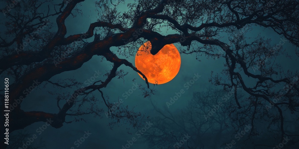 Poster silhouette of tree branches set against a foggy backdrop featuring an orange moon, creating a captiv