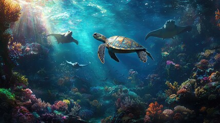 Obraz premium Underwater Scene with Sea Turtle and Playful Seals in Colorful Reef