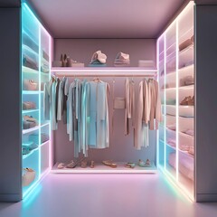 A minimalist 2025 wardrobe featuring AI-curated outfits displayed as holographic models in a sleek, glowing closet.