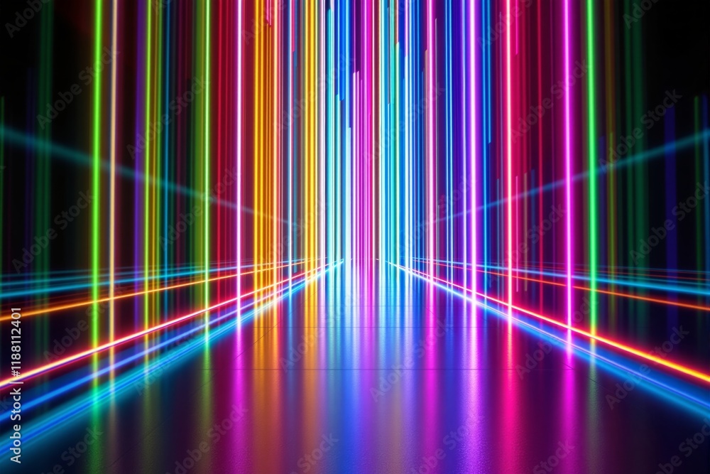 Poster bright neon lines of various colors forming a futuristic corridor with glowing reflections on a dark