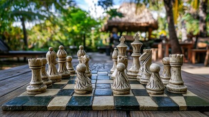 A chessboard with pieces made of carved stone, placed on a rustic wooden table