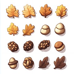 Autumn Leaves Acorn Pine Cone Clipart Set Game Assets