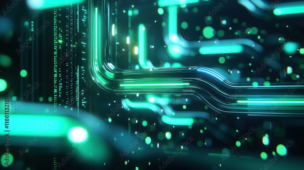 Poster high-tech server room with glowing data cables and green light in a modern digital network