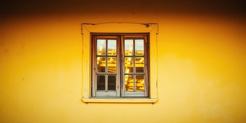 Obraz premium A single wooden window with multiple panes set against a bright yellow wall, revealing a glimpse of the world outside