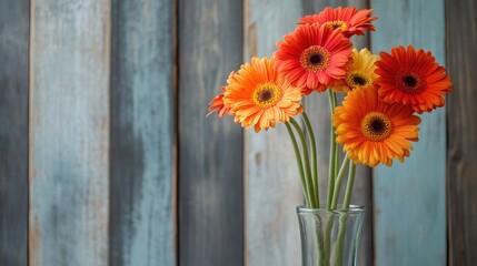 Fototapeta premium A colorful bunch of orange and red gerbera daisies with soft green stems, set in a glass vase with a natural wood backdrop.