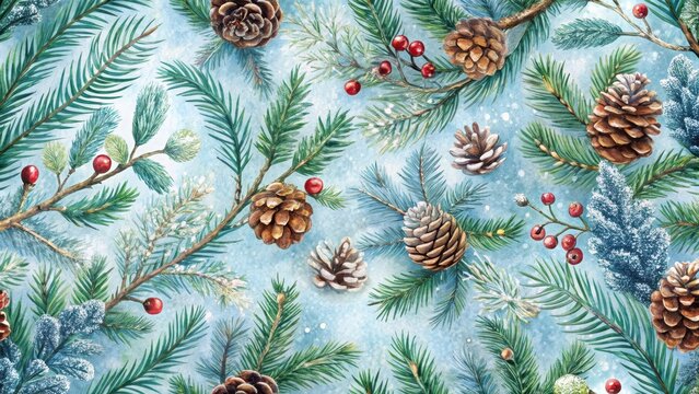 Frosty forest floor seamless pattern with snow-covered pinecones, twigs and berries in shades of blue and green , blue, pattern