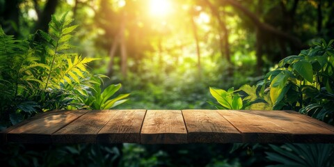 Wood table background amidst lush jungle plants and bushes. The scene features a beautiful, blurred green summer forest enhanced by sunlight, creating a serene wood ambiance.