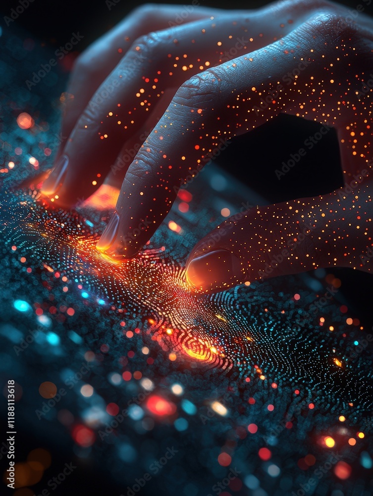 Poster a hand touches a glowing, intricate surface of data, creating a vibrant visual effect of technology 