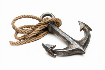 A metallic anchor with a heavy rope coiled around it, isolated on white background