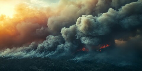 Fototapeta premium Plume of smoke rises dramatically from a brush fire, showcasing a plume of smoke that highlights the intensity of wildfires and their impact on the environment.