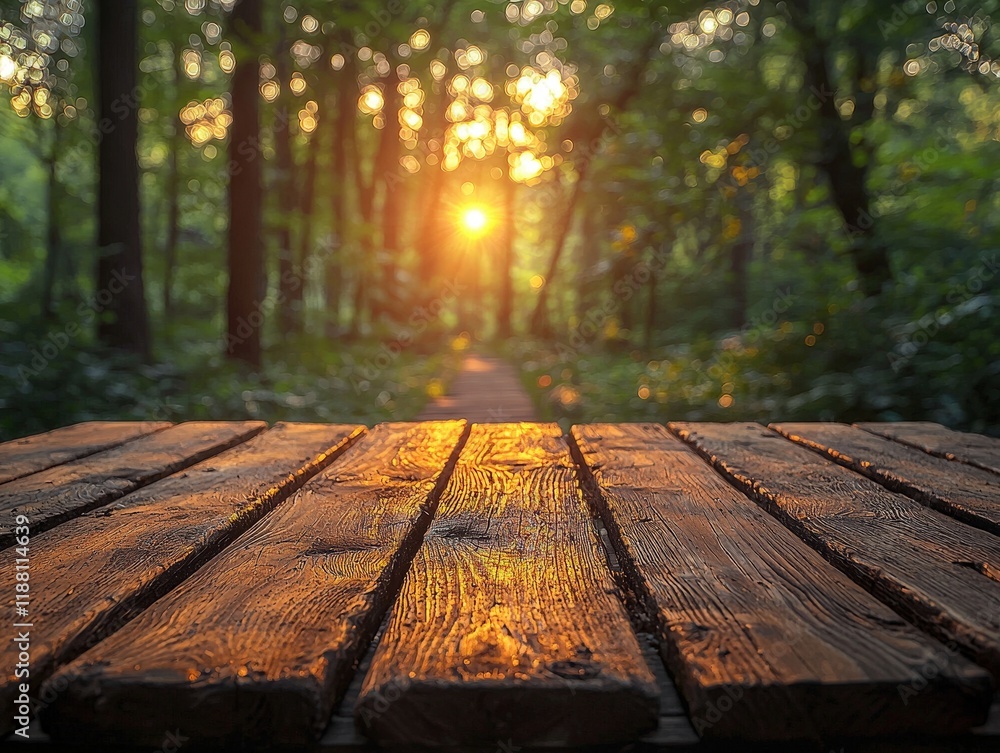 Poster a sunlit forest path extends beyond a wooden table in the foreground, with sunlight filtering throug