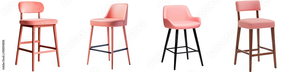 Poster sleek and contemporary pink bar stools with metal frames and backrests arranged in a minimalist inte