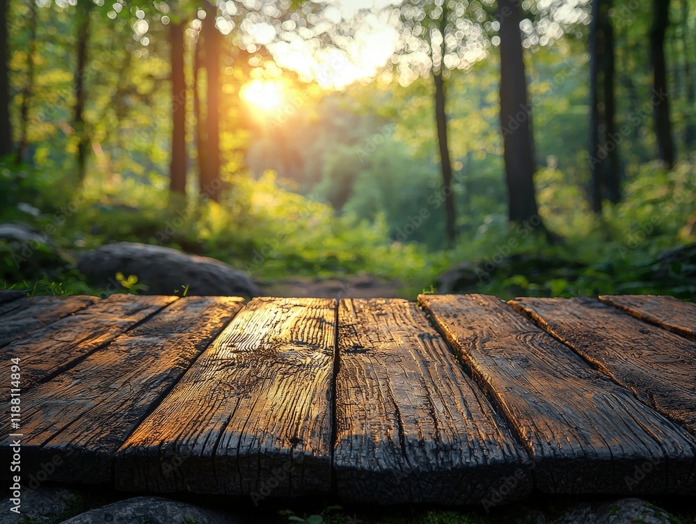 Poster a wooden platform in a forest, illuminated by a sunset. the foreground features the weathered planks