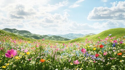 A peaceful meadow covered in colorful wildflowers, with rolling hills in the background and a bright, sunny sky overhead.