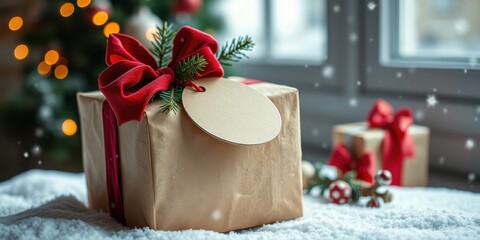 A beautifully wrapped gift box with a red ribbon and a blank tag sits on a snowy surface, inviting the viewer to imagine the joy and anticipation of the season.
