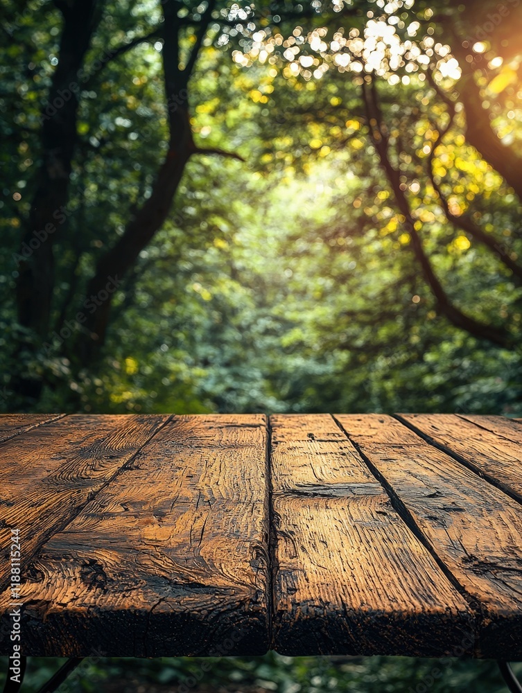 Poster a rustic wooden table foregrounds a sun-dappled forest backdrop, creating a serene and inviting outd