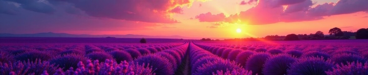 Sunset hues paint lavender field, breathtaking vista, color, picture, idyllic