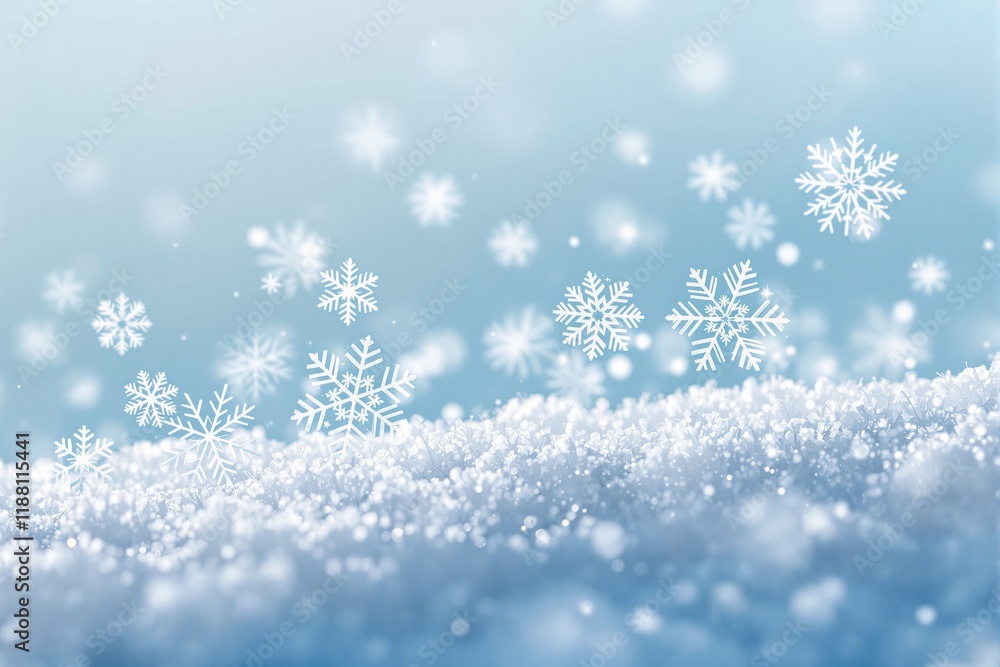 Poster snowflakes delicately floating above a sparkling snowy surface with a soft blue gradient background,