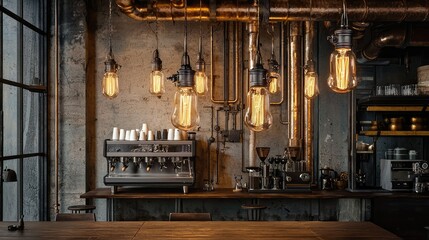 Cozy Industrial Coffee Shop Interior with Vintage Lighting Fixtures