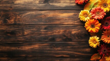 Fototapeta premium A vibrant bouquet of multicolored gerbera daisies, placed on a rustic wooden table with natural light highlighting the colors.