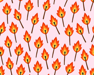 Seamless pattern for Valentine's day. Burning matches on a pink background. Wrapping paper, textile.