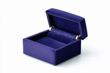 A plush velvet jewelry box slightly opened, isolated on white background