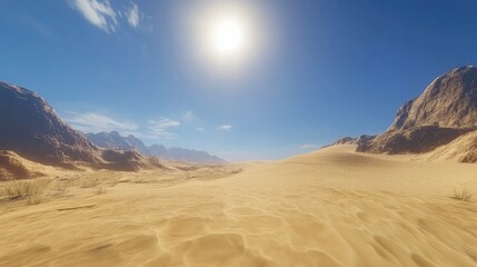 Fototapeta premium A wide-angle shot of a vast desert landscape with golden sand dunes, stretching under a deep blue sky, showcasing the peaceful isolation.