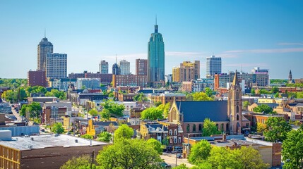 Obraz premium Vibrant City Skyline with Lush Greenery and Clear Blue Sky