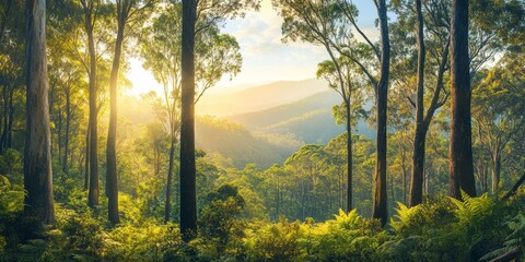 Obraz premium Tropical forest featuring lush eucalyptus trees amidst stunning mountain scenery, showcasing the vibrant ecosystem and natural beauty of the tropical forest environment.