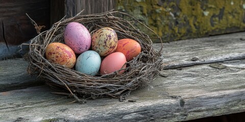 Obraz premium Easter eggs nestled in a charming nest on weathered wooden planks create a delightful and festive scene, perfect for celebrating Easter and capturing the spirit of the season with Easter eggs.