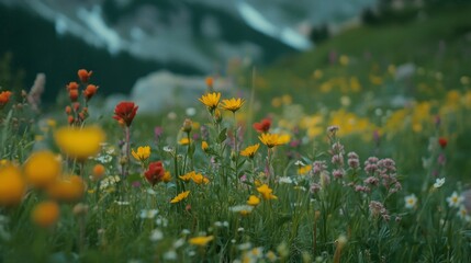 Vibrant wildflowers flourish in mountainous landscapes, showcasing the beauty of wildflowers and their role in creating stunning natural scenery within elevated terrains.
