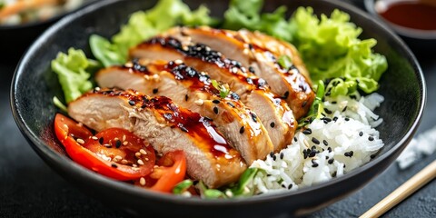 Grilled chicken served with flavorful teriyaki sauce, accompanied by rice and a fresh salad, makes for a delicious meal. Enjoy the taste of grilled chicken paired perfectly with teriyaki sauce.