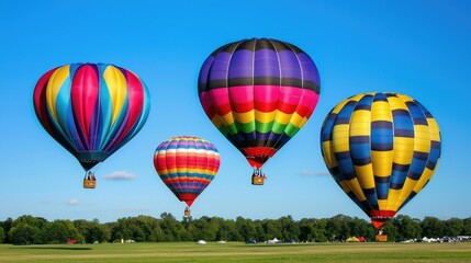 Obraz premium Colorful Hot Air Balloons Flying Over Green Field on Clear Day