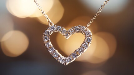 Elegant Diamond Heart Necklace on a Golden Bokeh Background A Stunning Piece of Jewelry