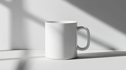 Fototapeta premium White Mug in Sunlit Minimalist Setting: A Clean, Modern Aesthetic