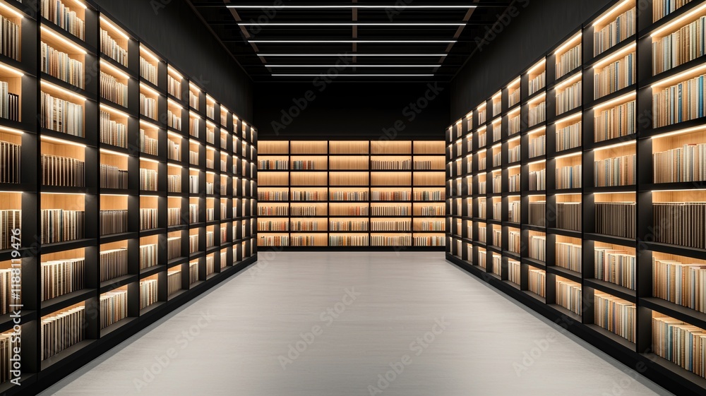 Poster book bookshelf library concept. modern library with illuminated shelves filled with books.