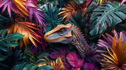 Colorful Dinosaur Among Lush Tropical Plants in Vibrant Jungle Scene