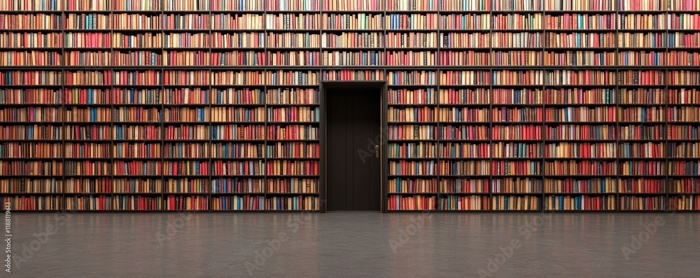 Poster book bookshelf library concept. bookshelf filled with colorful books and a door in the center.