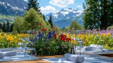Fototapeta premium Scenic Outdoor Dining Setup with Colorful Flowers and Mountains
