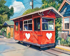 Fototapeta premium A vibrant red trolley adorned with heart shapes, parked on a charming street surrounded by greenery and quaint houses.