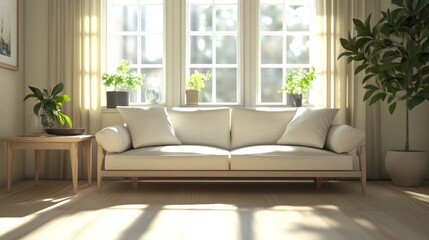 Sunny living room with white sofa, plants, and natural light.