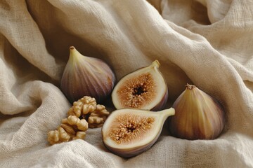 Fresh figs and walnuts resting on soft linen fabric