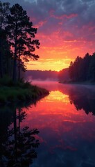 Obraz premium Serene twilight sunset reflects on still Estonian swamp lake , meditation, water